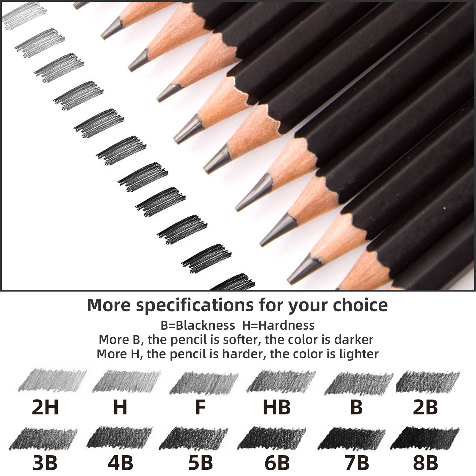 12pcs 2H-8B Wooden Sketch Lead Pencils Smooth Use Drawing Journal Writing Pencils with Metal Storage Box