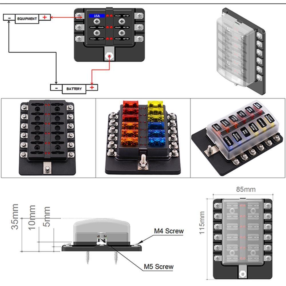 12V 24V Blade Fuse Box Holder 12Ways Modified Fuse Box Terminal Block with LED Warning Light for Car Boat Marine Trike
