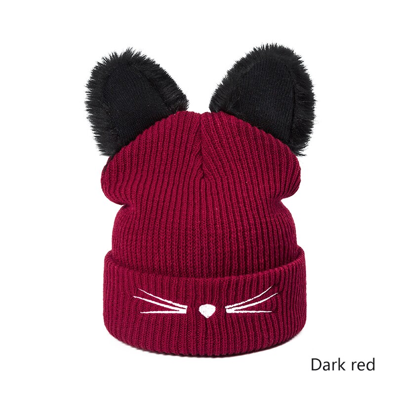 Wintermuts vrouw casual cartoon kat warme zachte skullies mutsen coole muts voor dames muts jongens meisjes: Donkerrood