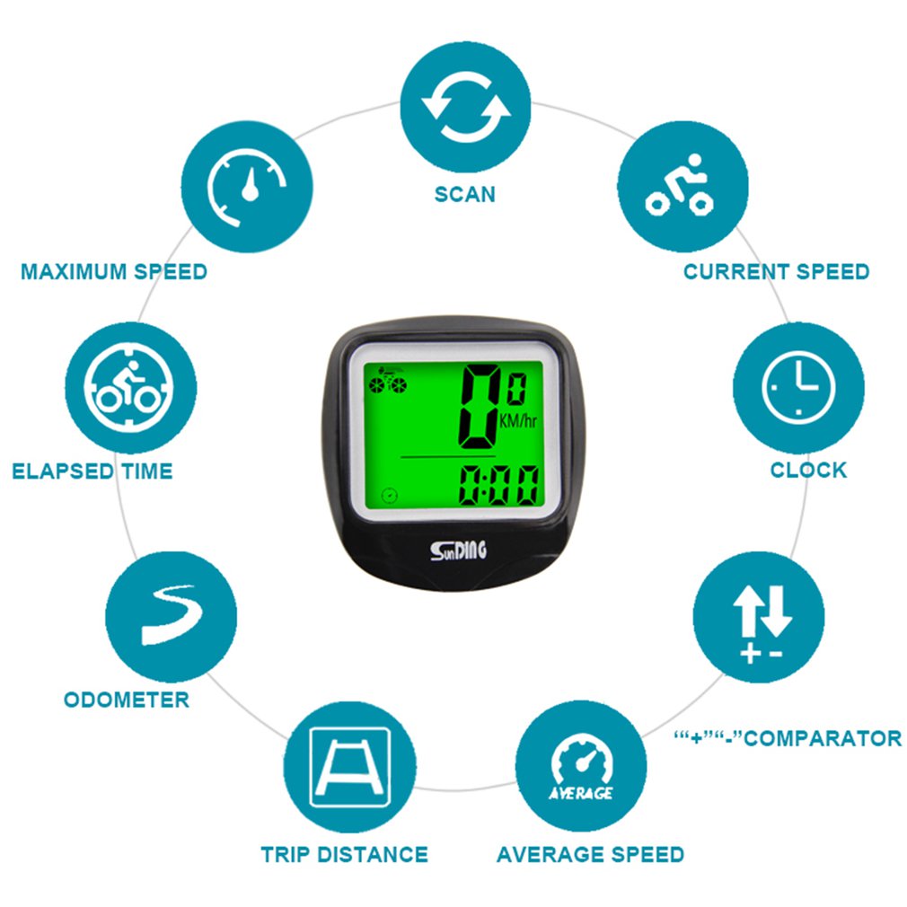 SUNDING Bike Computer Speedometer Wireless Waterproof Bicycle Odometer Cycle Computer Multi-Function LCD Back-Light Display
