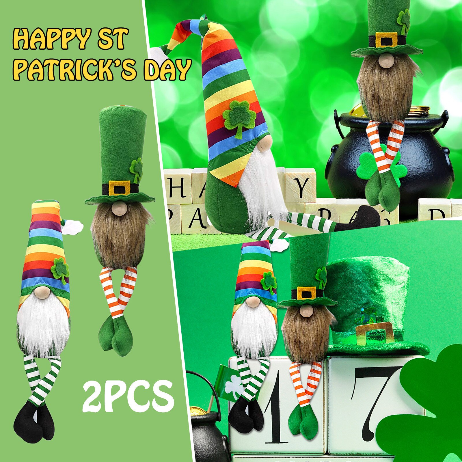 2PC Irish March Festiva Day Gnome Leprechaun Shamrock Handmade Swedish Tomte Plush Toys Doll Household Ornaments#35
