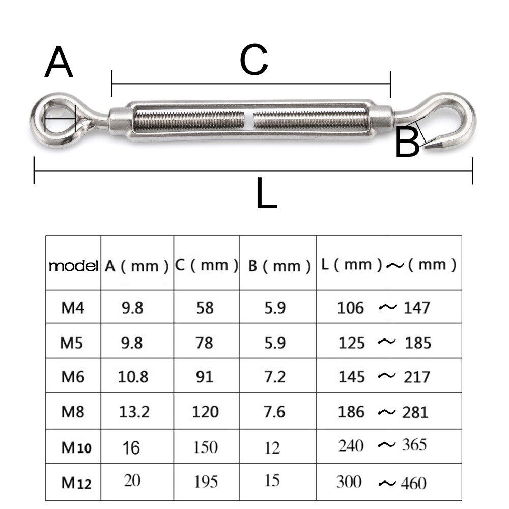 4pcs Eye Hook Turnbuckles Chain Tensioner with Ring and Hook Stainless Steel Turnbuckle M4 M5 M6 M8 M10 M12