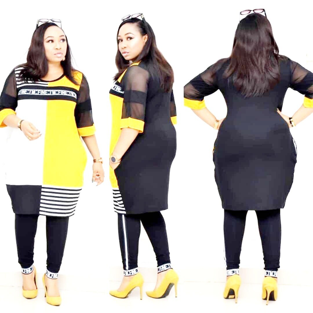 2 pezzo di impostato Abbigliamento Donna Africa Le Donne A Righe Lettere Mezza Manica Maglione Magliette E Camicette E pantaloni donne africane vestito di abbigliamento africano: Giallo / XL