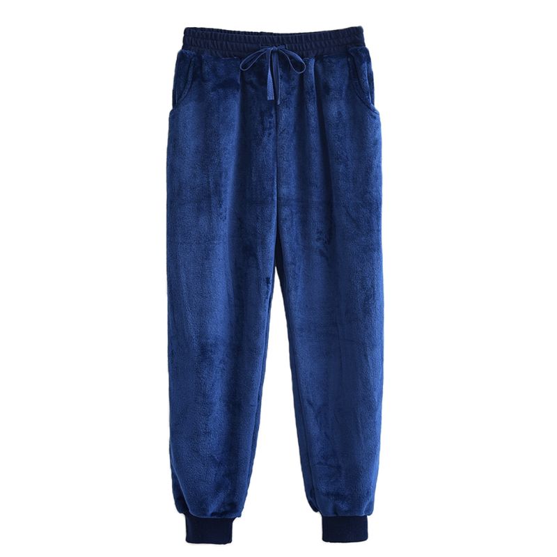 KLV Women Men Autumn Winter Pajamas Pants Lounge Wear Pajamas Thicken Loose Coral Fleece Pants Sleep Pajamas Lounge Pants: Female Navy Blue / L