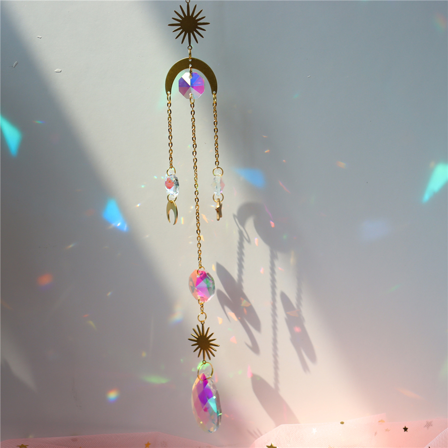 01-12 Suncatcher Crystal Rainbow Wind Chime Pendant Moon Hanging Ornament Crystal&amp;Copper Window Decor Home Garden Patio Decor: 08-35CM