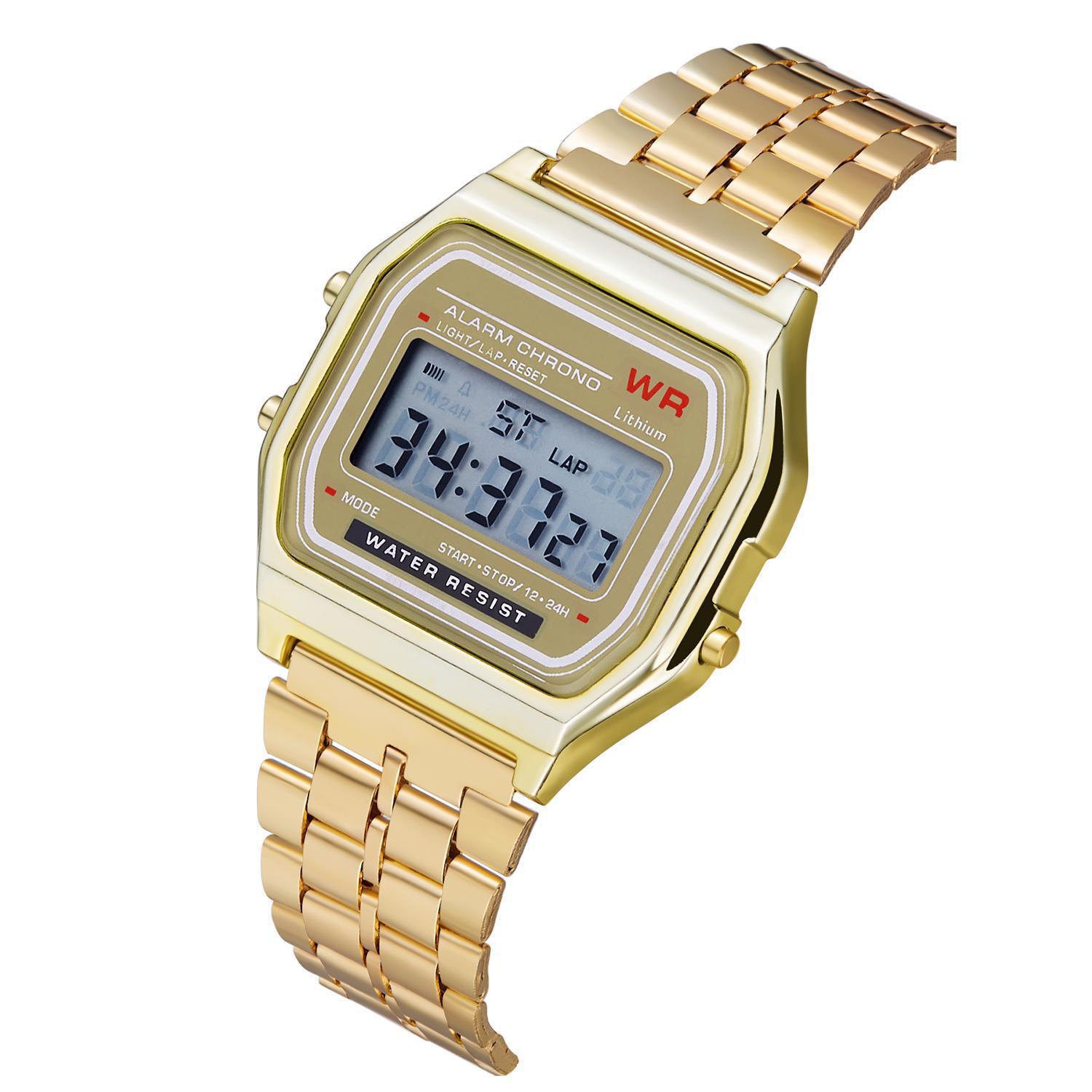 LED Digital Watch Crystal Square Women Watches PCV / F91W Steel Strap Sports Watches Electronic Wrist Band Clock Students: Gold-B