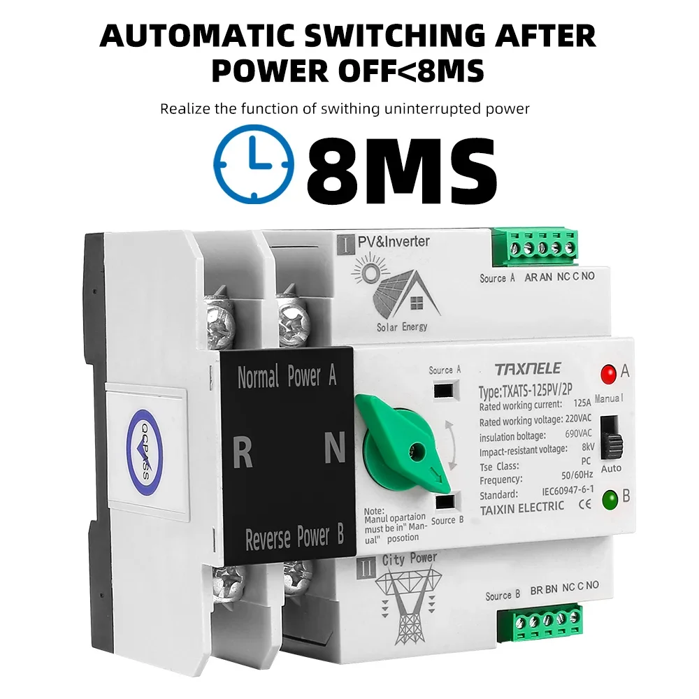 Lärm Schiene ATS PV Solar- Wandler Dual Energie Automatische Transfer Wahlschalter Unterbrechungsfreie 2P 63A 100A 125A Photovoltaik