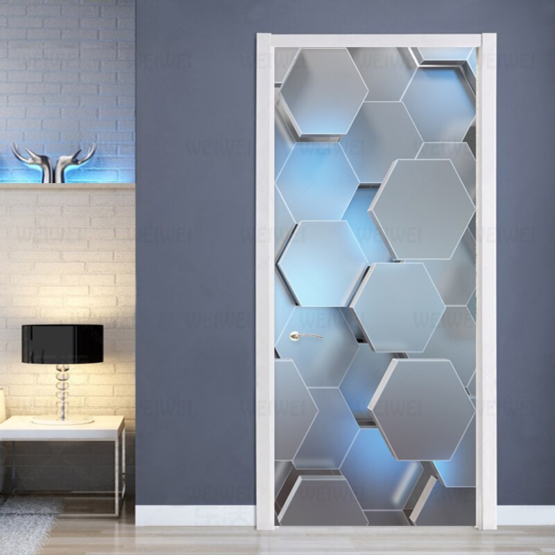 Modern 3d stereo geometrisk dörrmålning pvc självhäftande vattentät väggdekal vardagsrum dekor dörr klistermärken affisch