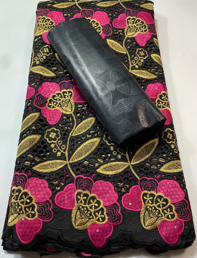 African Bazin Riche Brode Fabric Combine Swiss Voile Cotton Lace Damask Guinea Brocade Lace Fabric 2.5+2.5yard VKM116: AS PIC1