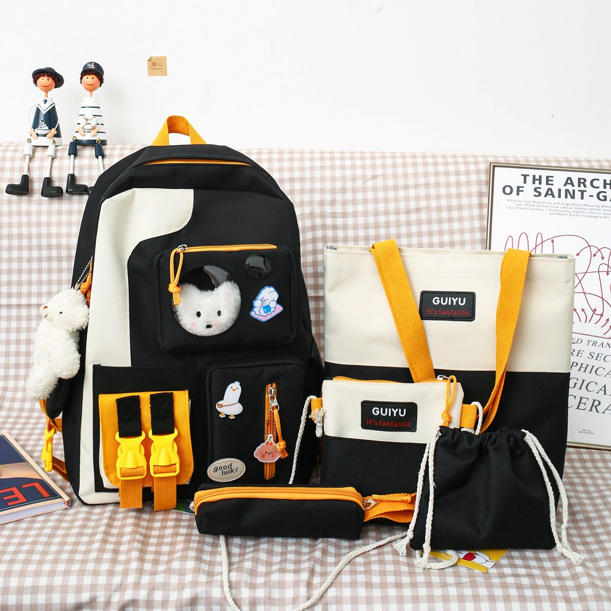 Wasser nachweisen Rucksack Für jugendlich Mädchen 2022 Nette Schule Tasche Für Frauen 5 Pes einstellen Schüler Rucksack Große Mehrere Taschen Tornister: Schwarz-GJ