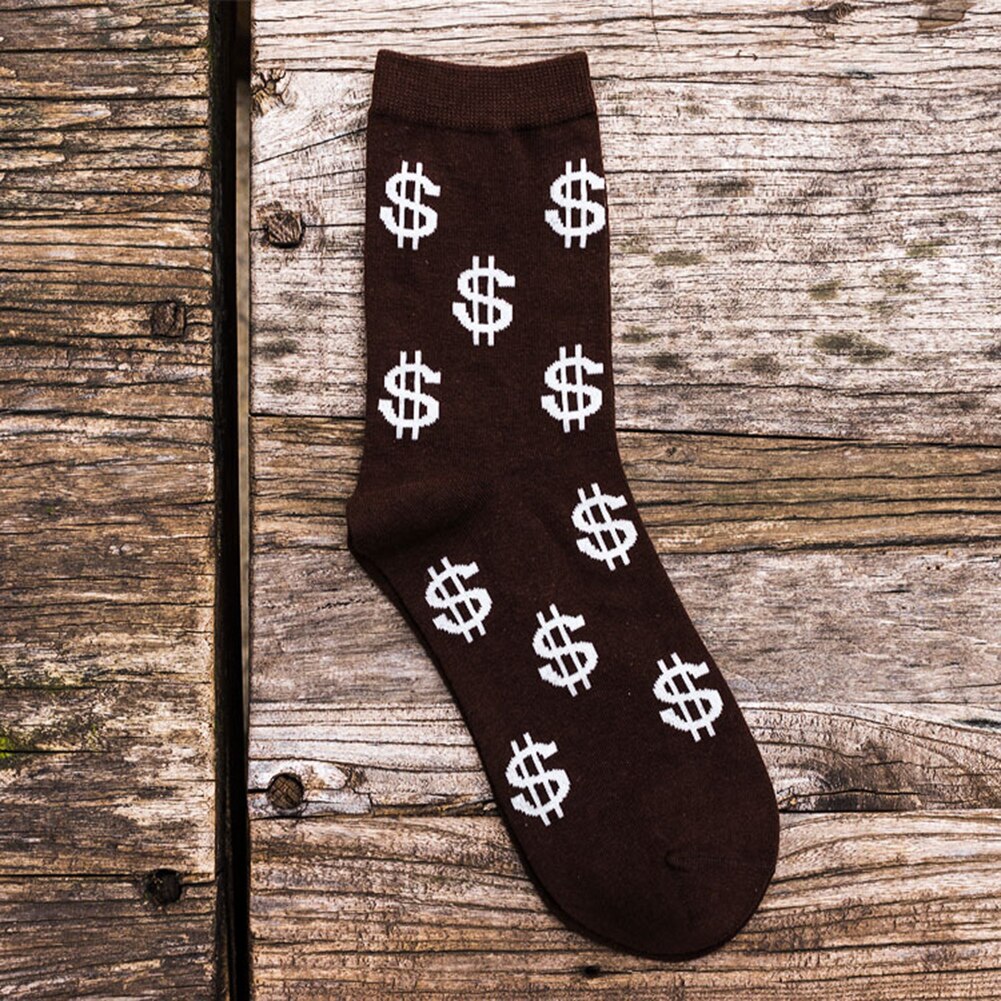 Forår efterår mænd drenge sokker dollar symbol trykt behagelig åndbar absorberer sved anti-skrid mellemlang sok: Kaffe