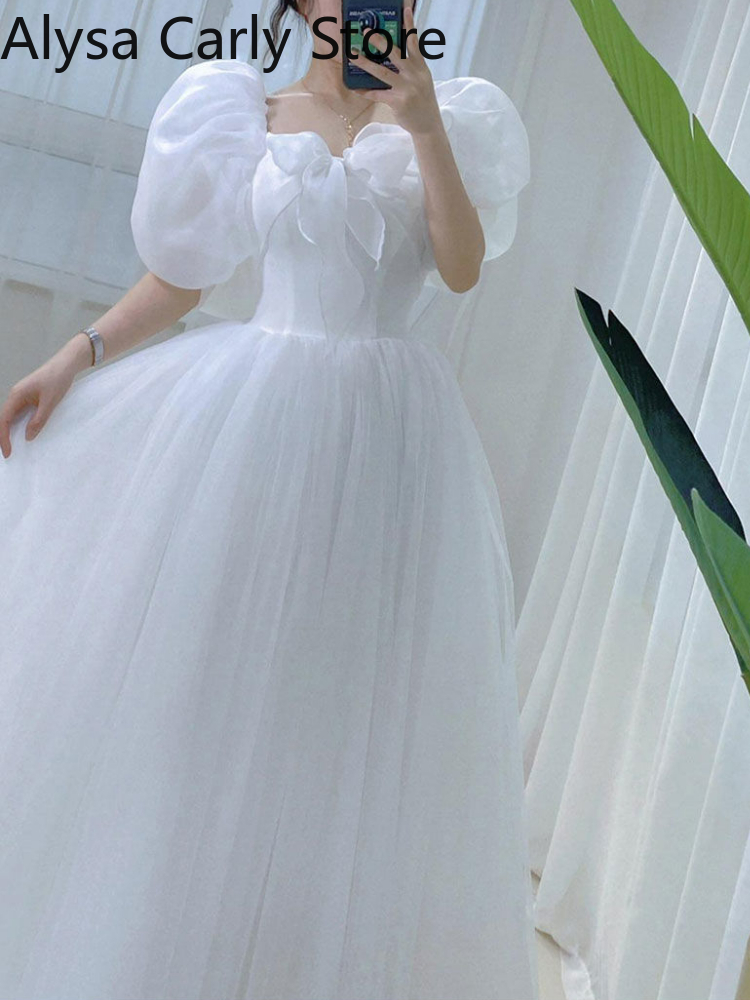 White Sweet Princess Dress Women Bow Puff Sleeve Korean Kawaii Midi Dress Female Autumn Casual Evening Party Dress