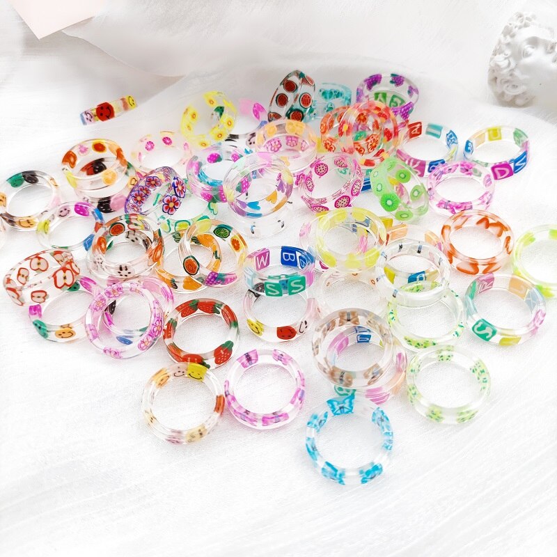 anillos mujer alianzas de boda pareja anillos aesthetic anillo mujer anillos tous 20 piezas / lote color transparente resina acrílico anillo mujer niña flor mariposa sonrisa carta impresión joyería al por mayor
