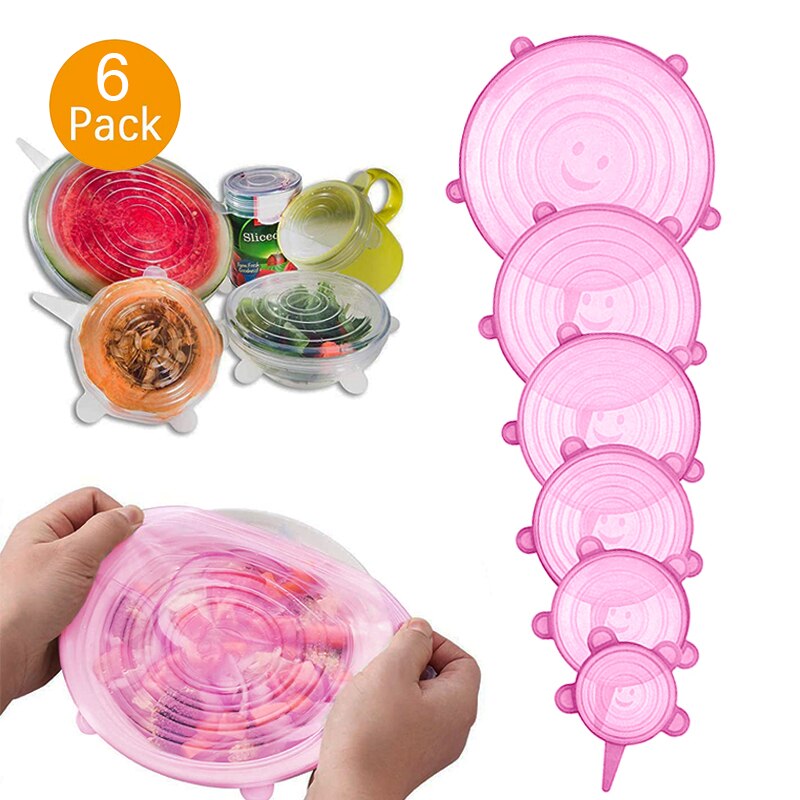 Tapas elásticas de silicona de cobertura completa, cubiertas herméticas para envolver alimentos, utensilios de cocina elásticos con sello fresco, 6 uds.: Pink