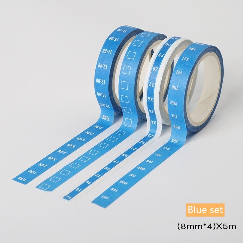 4 stk mini timeplan papir washi tape uke dato klokkeslett sjekkliste 8mm selvklebende maskeringstape planlegger agenda klistremerker kontor  a6943: Blått sett