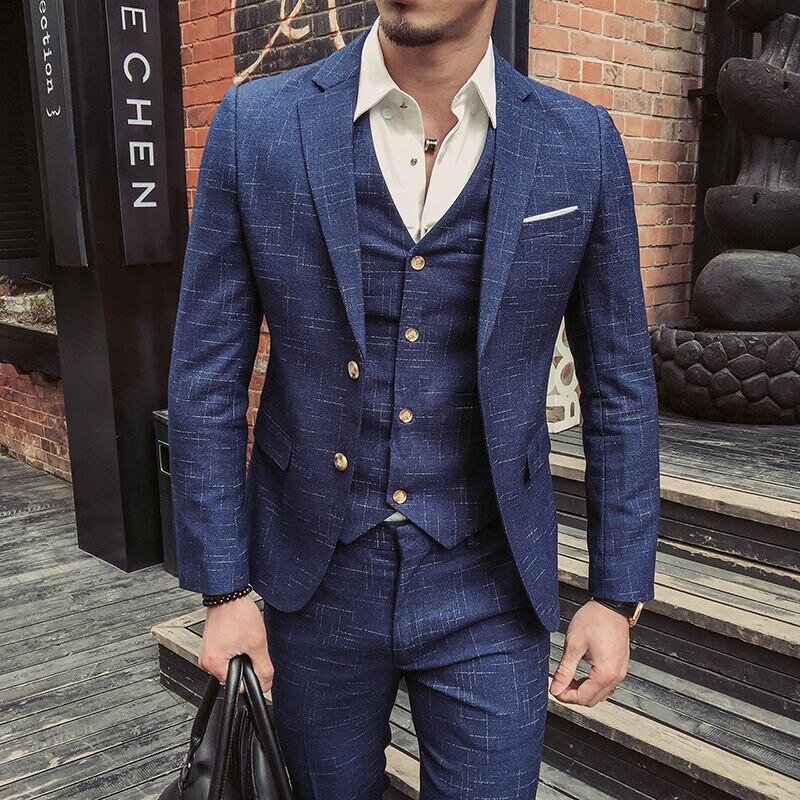 ( Jacket + Vest + Pants ) Boutique Mens Plaid Formal Business Suit 3 Piece Set Men's High-end Casual Suits Wedding Dress: Blue / Asian M 46-50kg