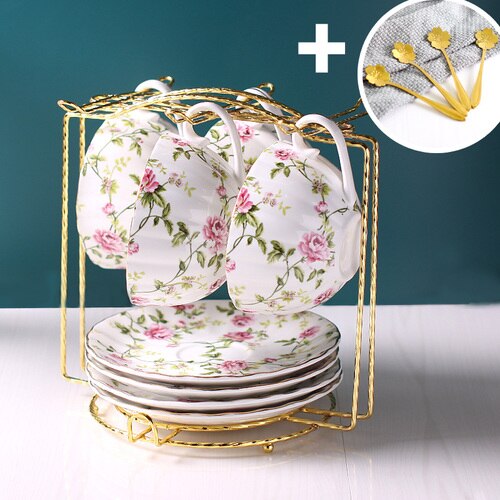 Porcelain Luxury Coffee Cup with Handle European Flowers Gold Bone China Tea Cups Set Tea Cup Set Kawaii Cup Cute Mugs Tazas 50