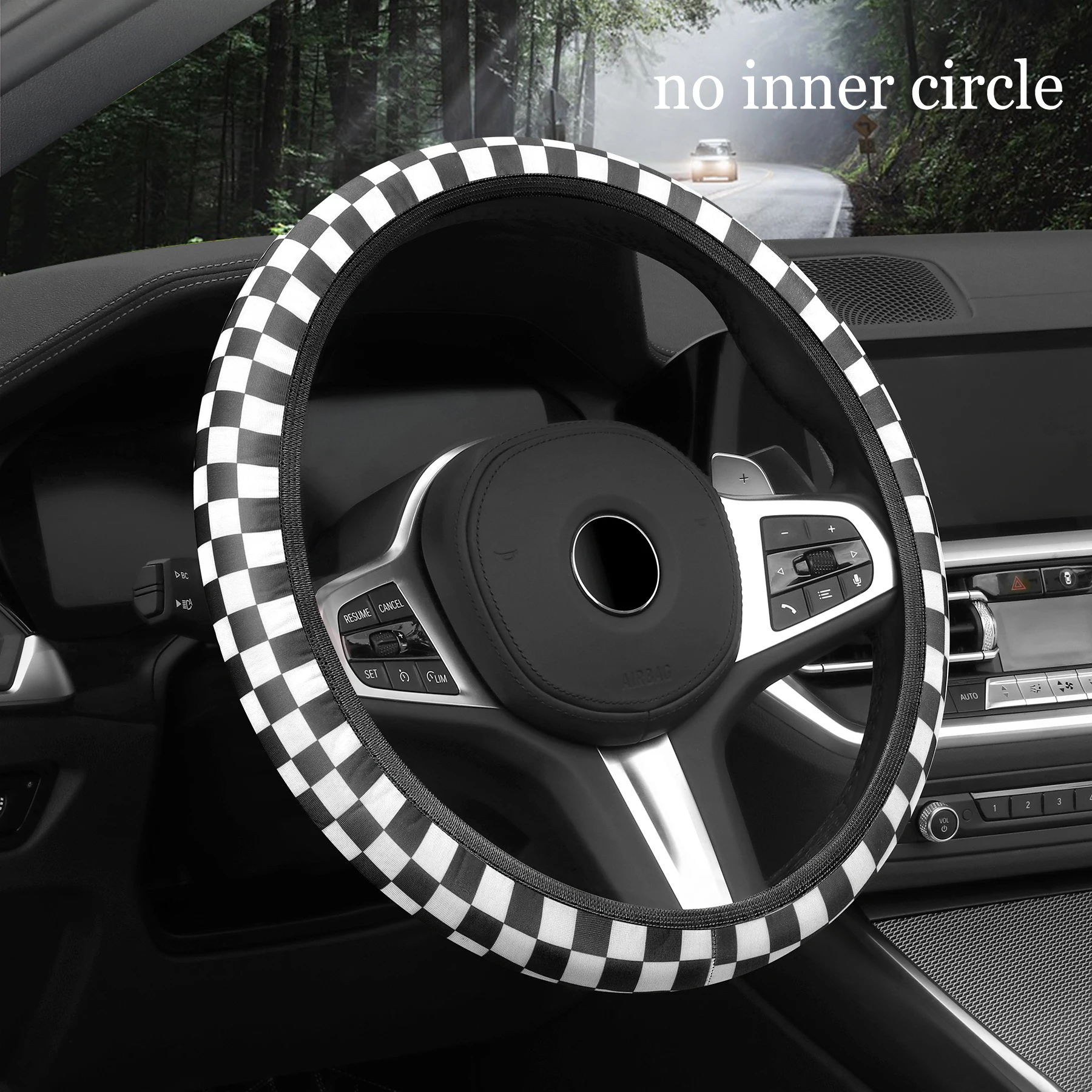 car steering wheel cover checkerboard without inner ring lattice elastic breathable non-slip handlebar cover: black