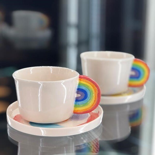 Tęczowa figura filiżanka i spodek Espresso turecka kawa kreatywne kubki białe ceramiczne naczynie na herbatę stylowe w nowym stylu śliczne piękne ręcznie