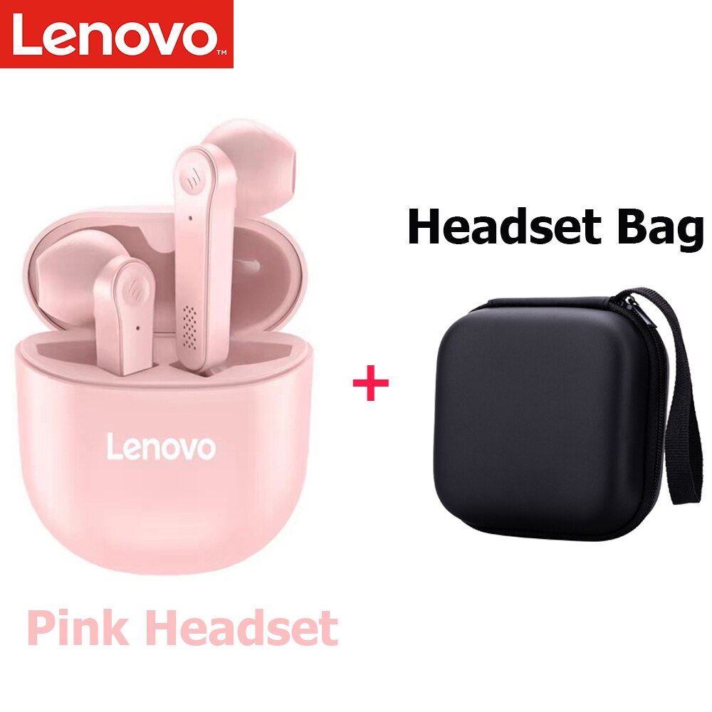 Lenovo PD1 Bluetooth 5.0 Earphones TWS Wireless Headphone Touch Control Semi-in-Ear Earbuds Stereo Bass Music Headset with Mic: Pink with Bag