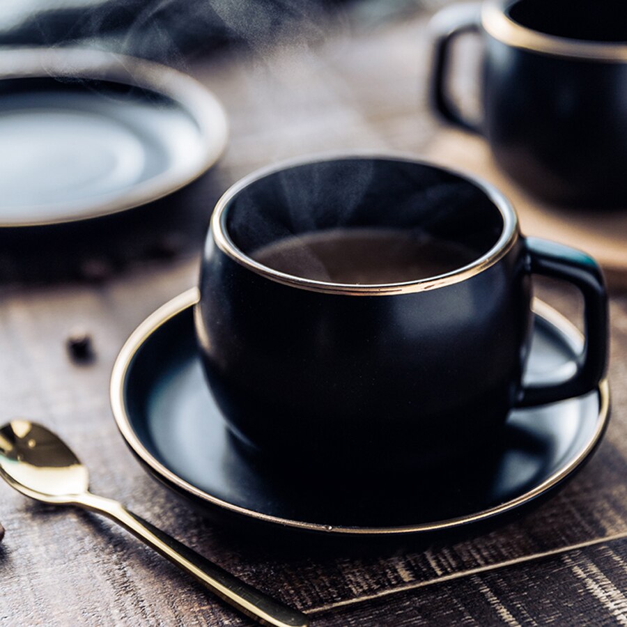 Ceramic Coffee Cup and Saucer Black Pigmented Porcelain Tea Cup Set with Stainless Steel 304 Spoon