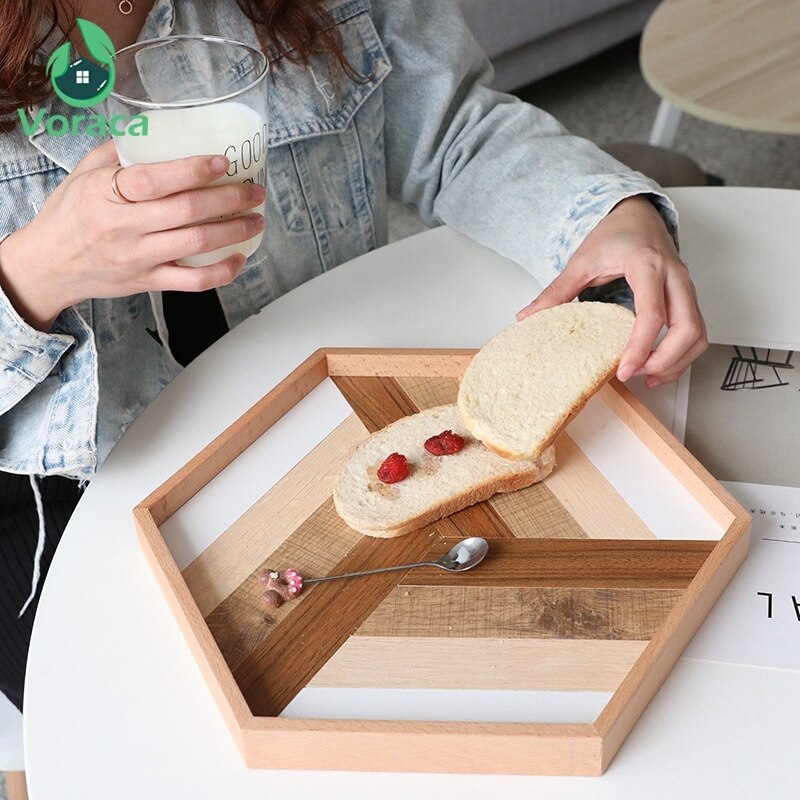 Plateau de service Hexagonal en bois décoratif | Plateau décoratif en bois, thé Dessert plateaux à pain, serveur de nourriture, plats de décoration de la maison, accessoires de photographie