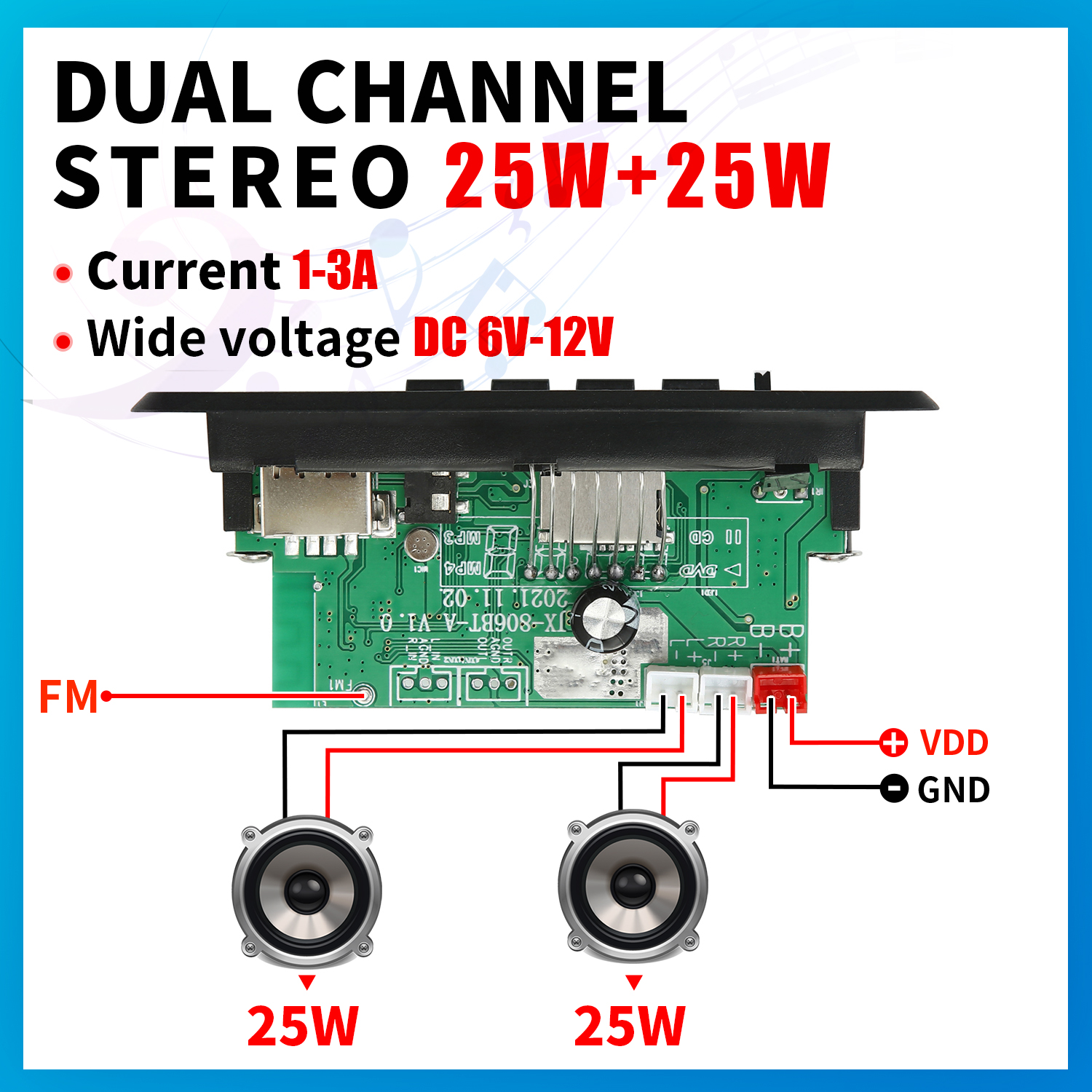 Amplificatore 50W Bluetooth 5.0 scheda di decodifica MP3 12V lettore musicale Wireless modulo Audio USB TF AUX Radio FM per altoparlante vivavoce