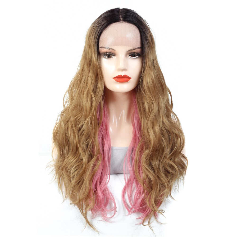 Split Color 2 Part Splice Wig Ombre Brown and Pink Trendy Lace Front Wigs Long Natural Wave Hair X-TRESS Heat Resistant Fibre: S2 27 D. Rose