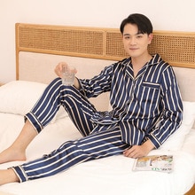 Home Men Pajamas Sets Satin Tops Pajamas Pants Sets Loungewear 2PCS Long: L