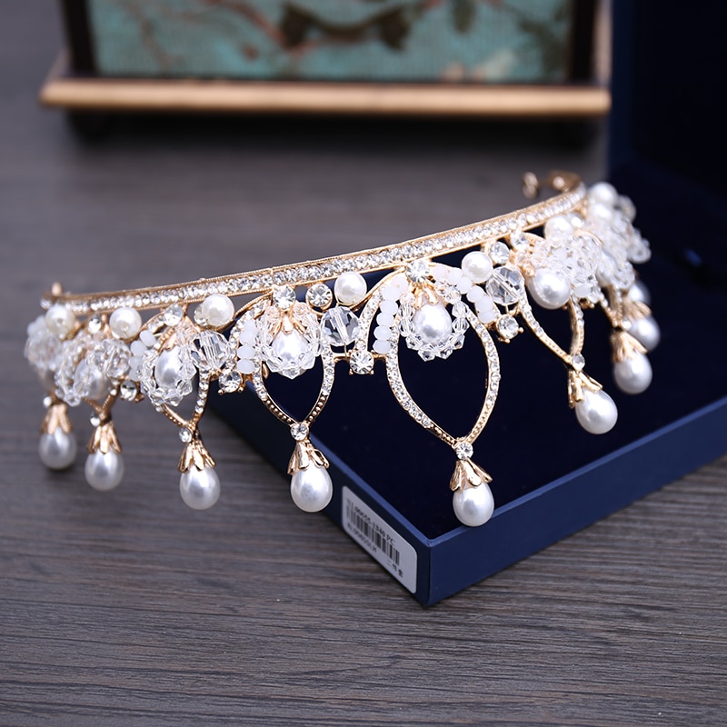 Gold Pearls Wedding Hair Jewelry Bridal Necklace Earrings Set With Tiara Women Prom Jewelrys Sets Accessories