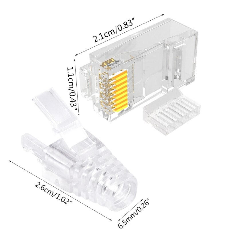 100 stuks/set cat 6 rj45 connector utp kabel ethernet jack transparant web cat 6 modulaire stekkers met 6.5mm rj45 doppen