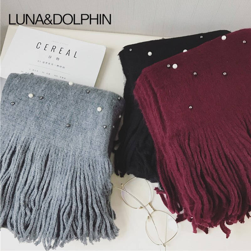 Bufanda tejida cálida de invierno para mujer de de Luna y Delfín, bufandas suaves con cuentas de perlas y perlas, bufanda de lana con borlas, manta Pashmina grande