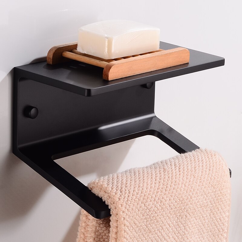 Håndklædering til badeværelse med hylde sort håndklædeholder vægmonteret håndklædeholder hængende holder aluminium hjørnehylde opbevaring