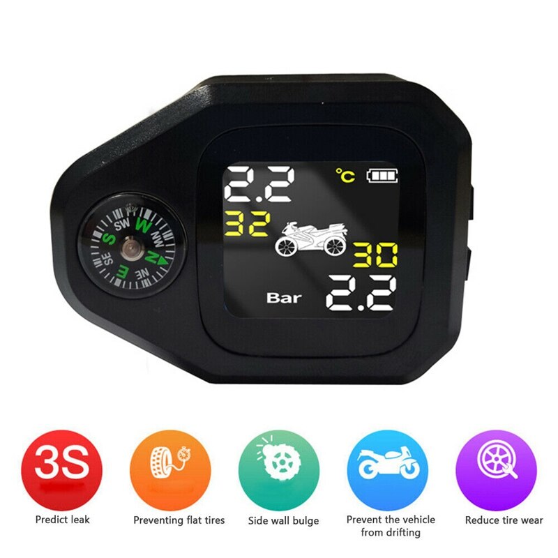 USB Solar Charging Motorcycle TPMS with Compass Tire Pressure Temperature Monitor Alarm System with 2 External Sensors