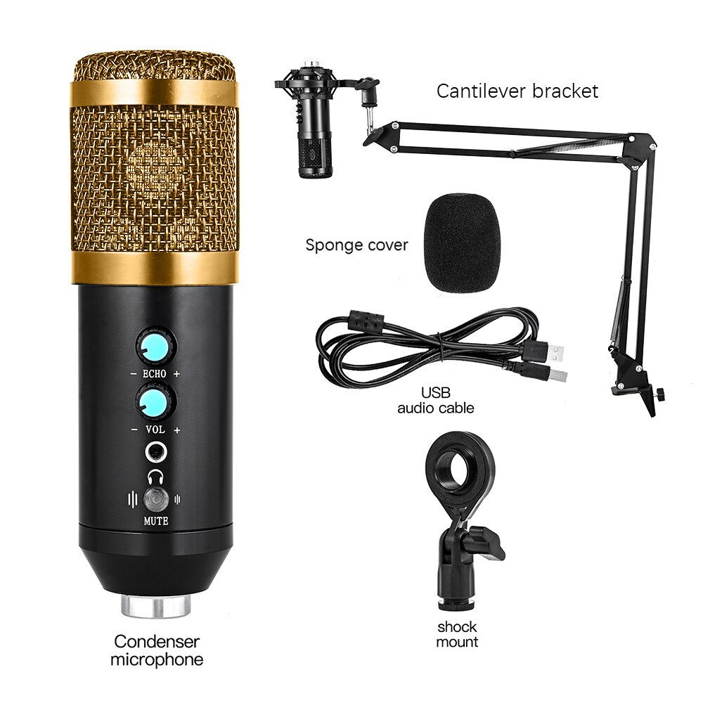 USB Condenser Microphone Kit With Tripod Stand Microfone Cardioid Studio Recording Live KTV Karaoke Microphone for PC Computer: Cantilever Gold