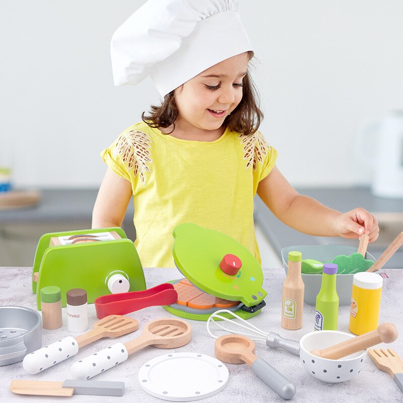 Kids Wooden Pretend Play Sets Simulation Toasters Bread Maker Coffee Machine Blender Baking Kit Game Mixer Kitchen Role Toy