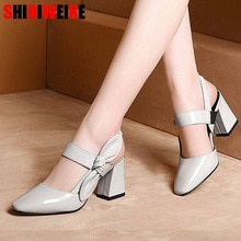 Sandalen met vierkante neus, dikke hoge hak, strik, vismond, damessandalen, grijs, lichtgroene sandalen, damesschoenen  f551