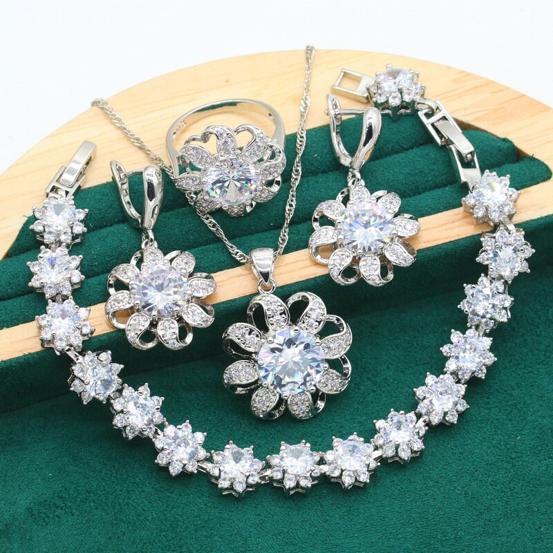 Klassische Weiß Topas 925 Silber Schmuck einstellen für Frauen Armbinde Ohrringe Ring Halskette Anhänger Hochzeit Geburtstag: 01 / 7