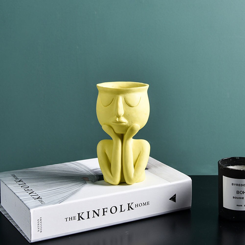 Vase nordique minimaliste en céramique, en forme de tête, noir, jaune, pour visage humain, pièce d'exposition créative, Vase décoratif: D