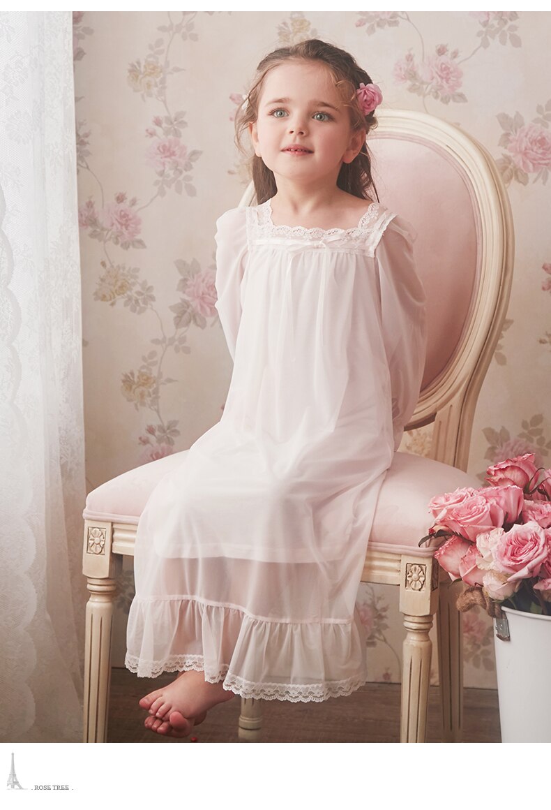 Camisón de princesa para niñas pequeñas, vestido de dormir de malla de encaje, manga larga, longitud media