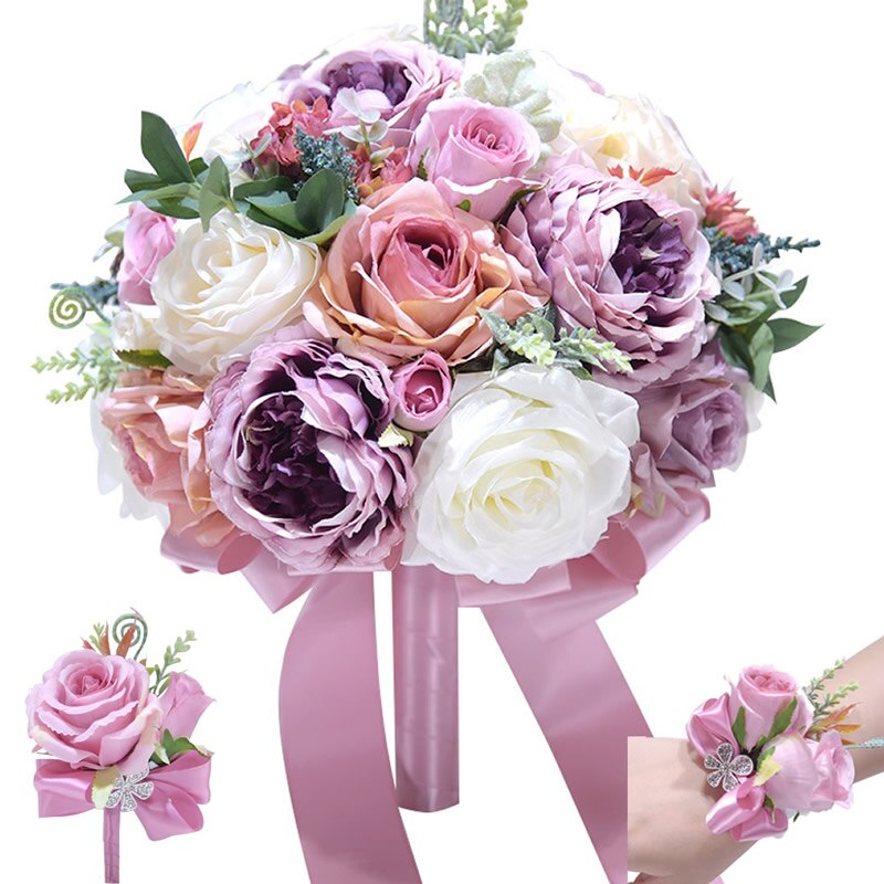 Wedding Bouquet Ivory and Blush Pink Toon purple Peony Wedding flower Silk Bridal bouquet buque de noiva Wedding Decoration: 3Pcs SET Purple