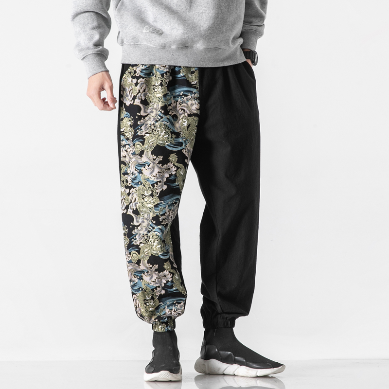 Pantalones bombachos con estampado de dragón chino para hombre, ropa de calle para correr, de chándal de lino y algodón, 5XL, primavera de 2022