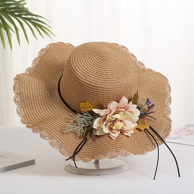 Summer Female Sun Hat Flower Ribbon Panama Beach Hats For Women Sombrero Floppy Straw Hat: HT7097KK