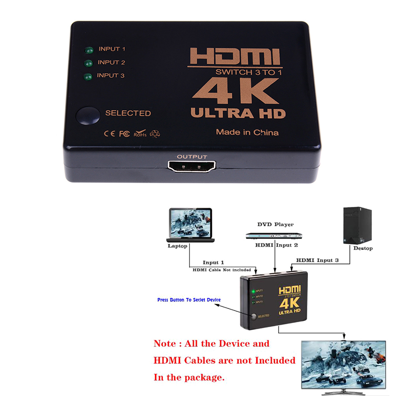 1PCS 3 Port 4K*2K 1080P Switcher HDMI Switch Selector 3x1 Splitter Box Ultra HD for HDTV Xbox PS3 PS4 Multimedia