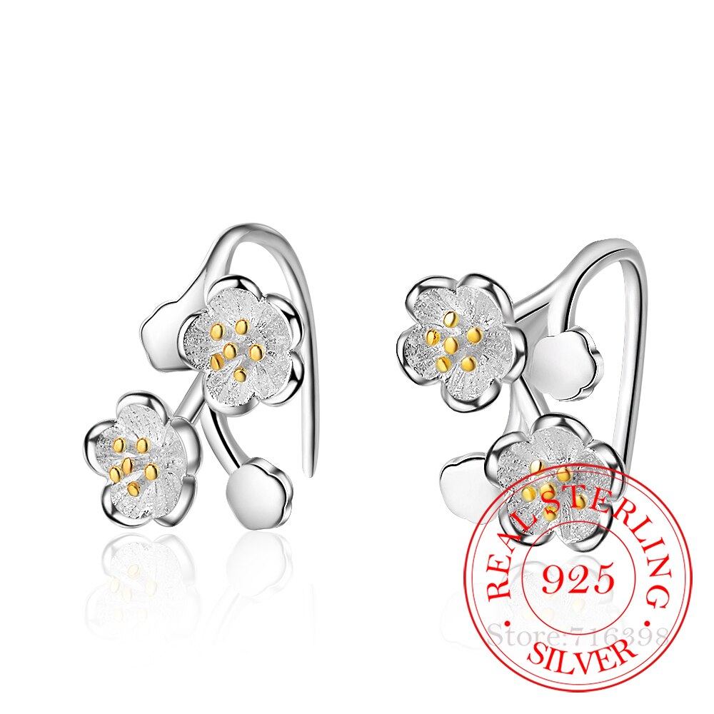 Pendientes de flores de cerezo para mujer, de Plata de Ley 925 con frío, joyería fina