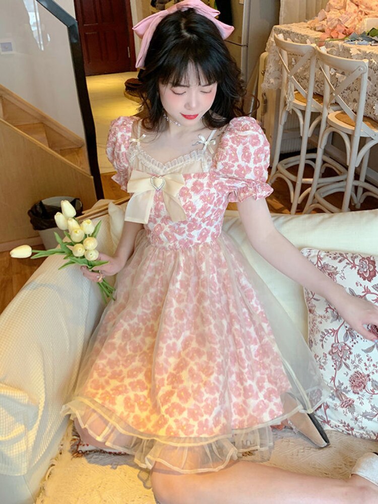 HOUZHOU Pink Floral Dress Women Sweet Cute Bow Mesh Patchwork Fairy Dresses Princess 2022 Summer Kawaii Streetwear