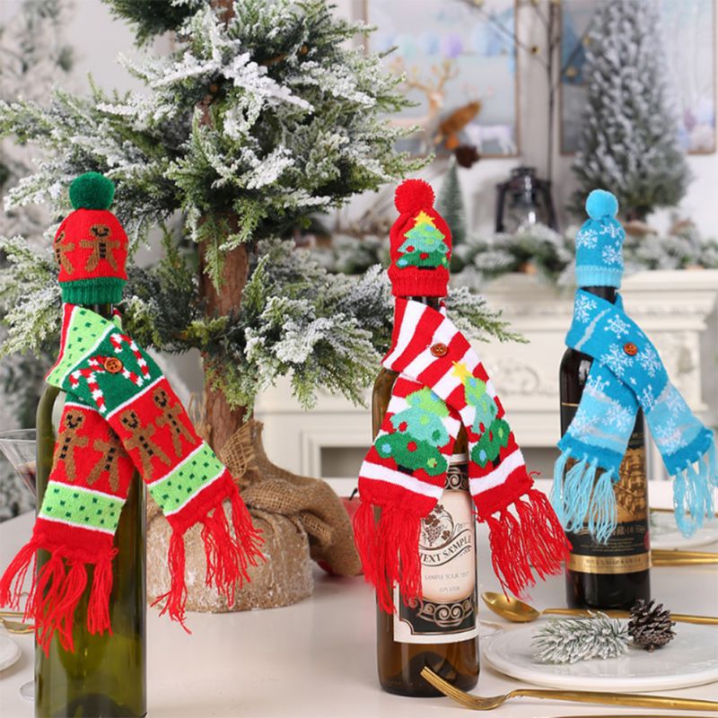 Knitted Ugly Sweater Christmas Wine Bottle Cover Set Scarf And Hat For Xmas Dining Table Decor Wrapping