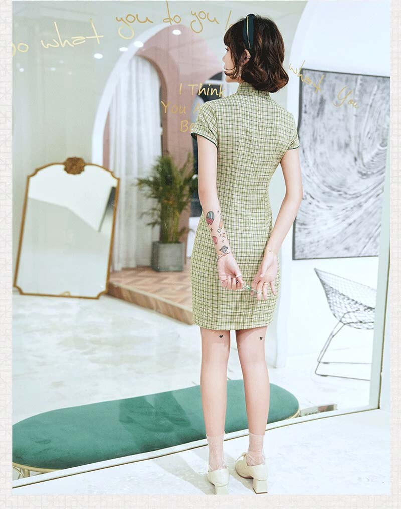 Cheongsam kjole grøn kvinder bomuld slim qipao ternet kjole fest korte kjoler