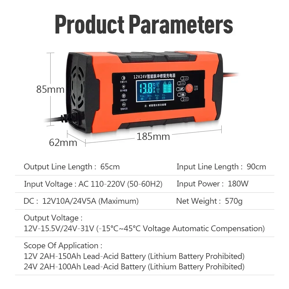 Bilbatterilader 10a 12v bilbatterilader 24v 5a biltilbehør digitalt display deteksjon puls reparasjon billader
