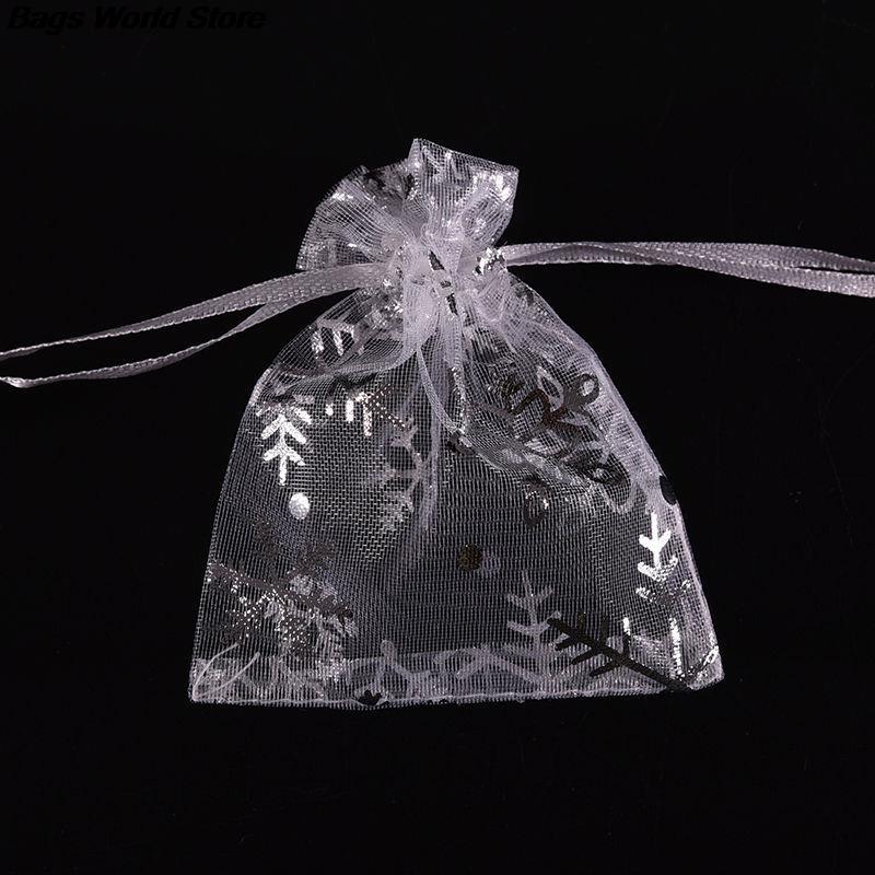 100 Stks/partij Verpakking Tassen Wit Met Zilveren Sneeuwvlok Christmas Pouches Organza Zakjes Gunst Van Candy Snoepjes Opslag